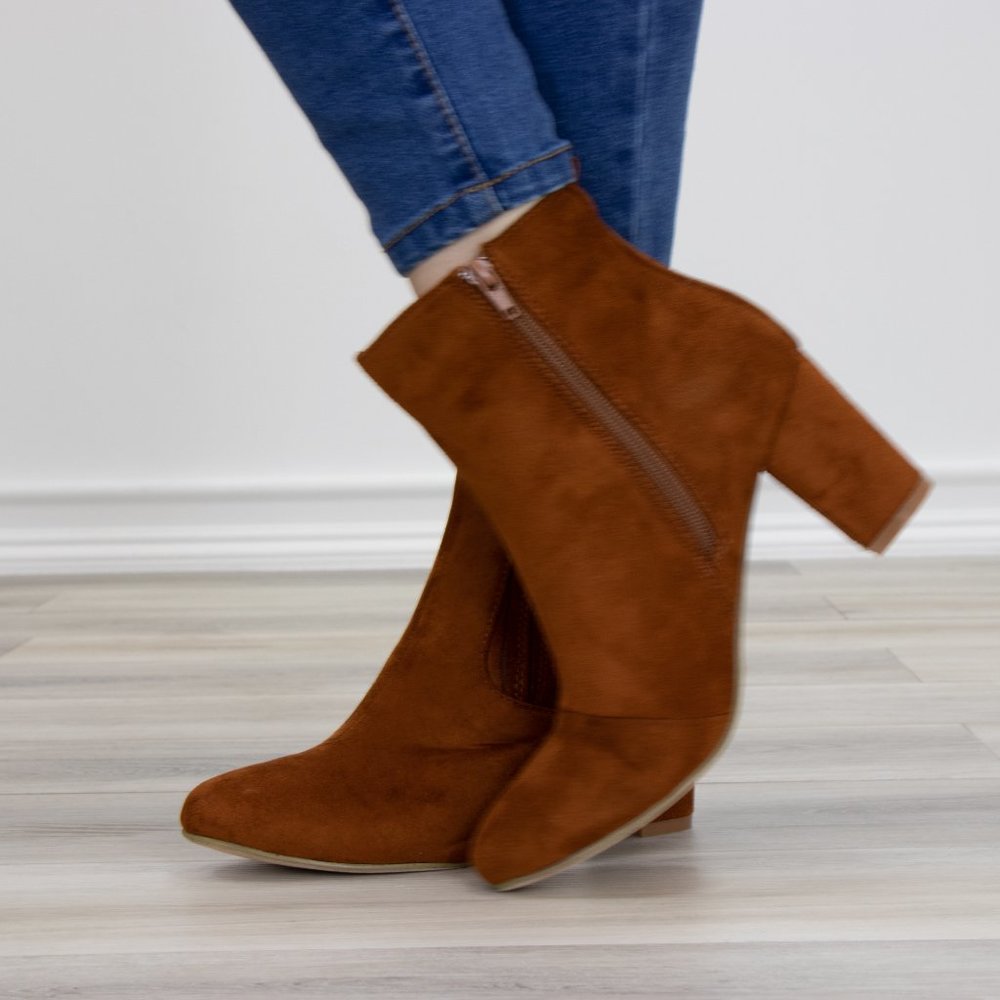 Vegan Suede Tan Bock Heel Ankle Bootie - Picture 5 of 8